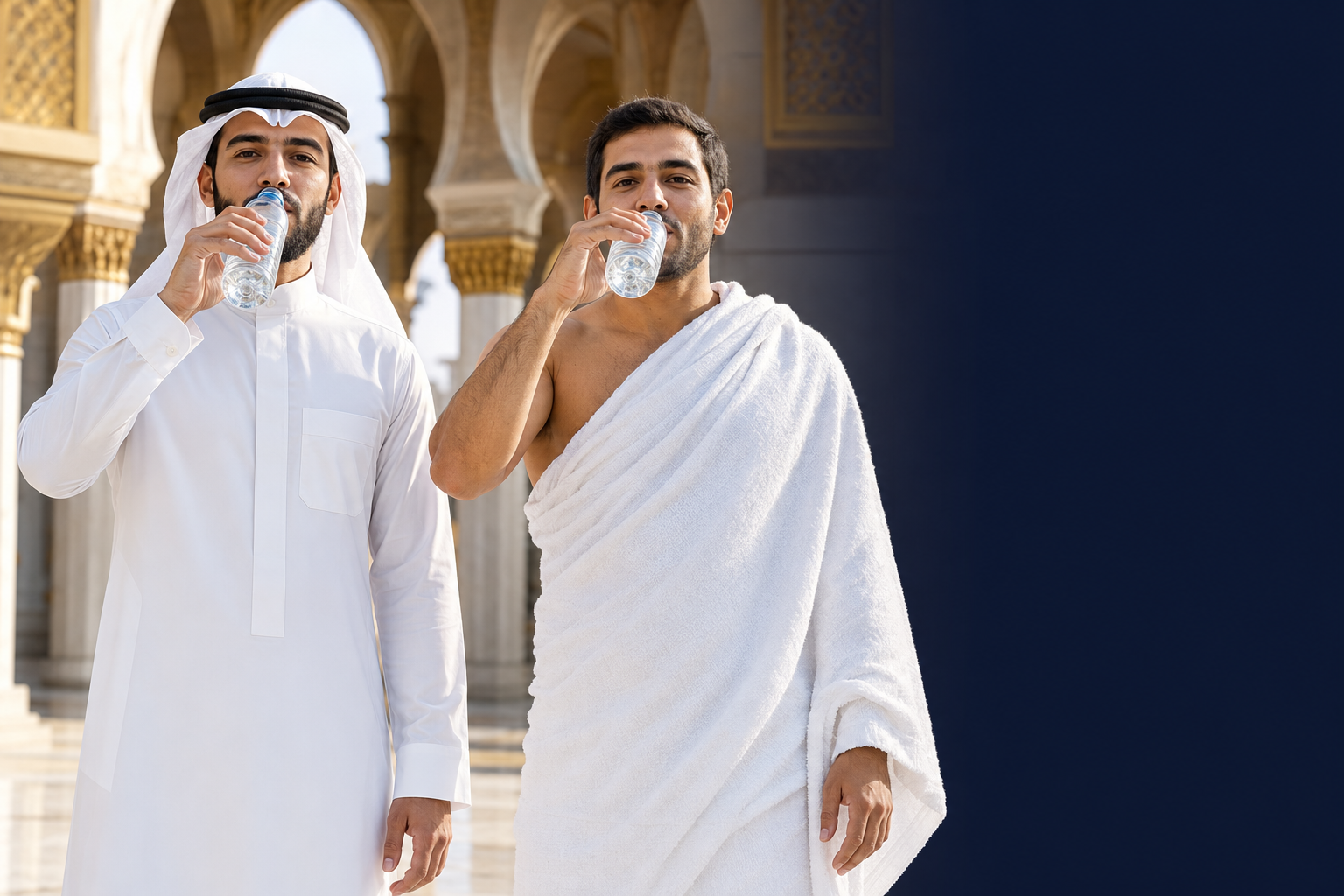 رجل بالثوب وآخر بالإحرام يشربان الماء باليد اليمنى في أجواء مستوحاة من مكة المكرمة