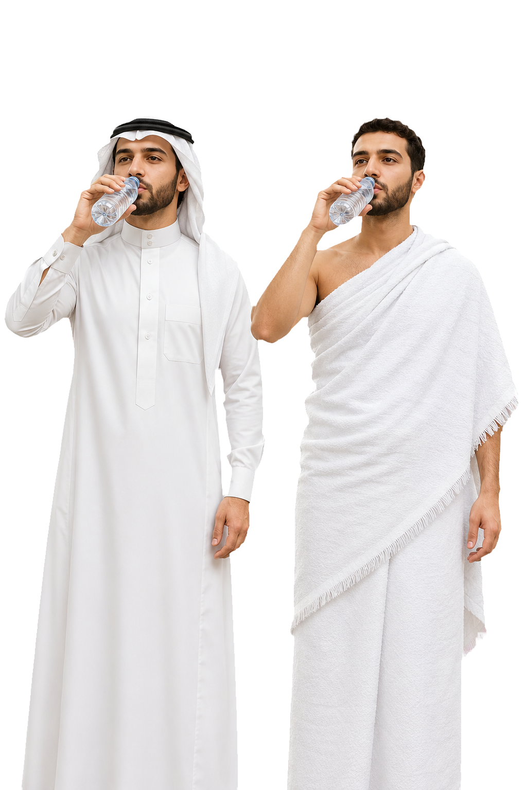 رجل بالثوب وآخر بالإحرام يشربان الماء باليد اليمنى